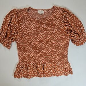 Melloday Womens‎ Blouse Medium Orange White Floral Ruffled Feminine Cottagecore